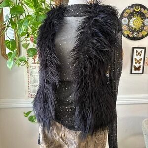 Vintage Y2K Claires Women's S/M Penny Lane Black Faux Fur Vest Ribbed Sleeveless
